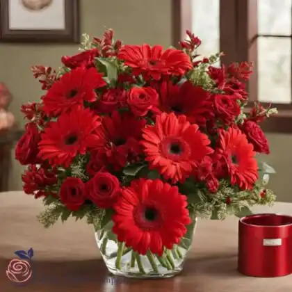 A vibrant red roses and carnations bouquet arranged with lush greenery in a glass vase.