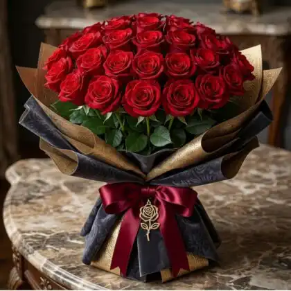 A grand bouquet of 100 luxury red roses arranged with elegant greenery in a stylish wrap.