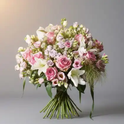 Hand-tied pink lilies and white roses bouquet with fresh greenery for an anniversary gift.