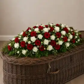 Bold Red and White Rose Coffin Spray