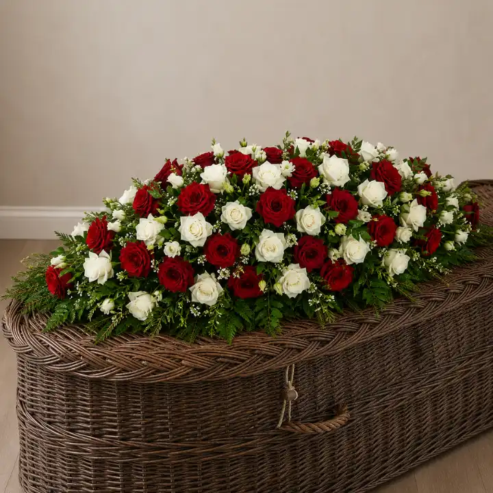 Bold Red and White Rose Coffin Spray 1 Bold Red and White Rose Coffin Spray on a coffin