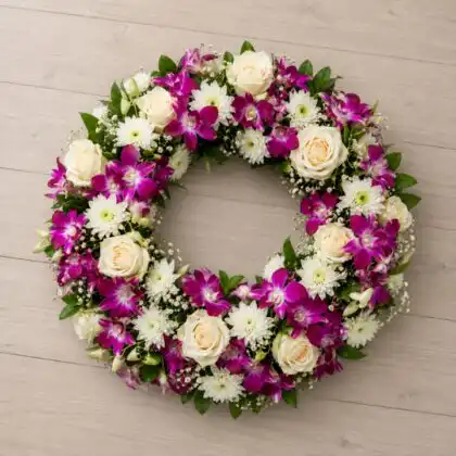 Magenta Orchid & White Chrysanthemum with Cream Rose ,baby's breath (gypsophila)