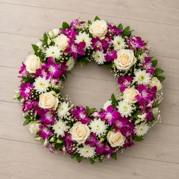 Magenta Orchid & White Chrysanthemum with Cream Rose 1 Magenta Orchid & White Chrysanthemum with Cream Rose ,baby's breath (gypsophila)