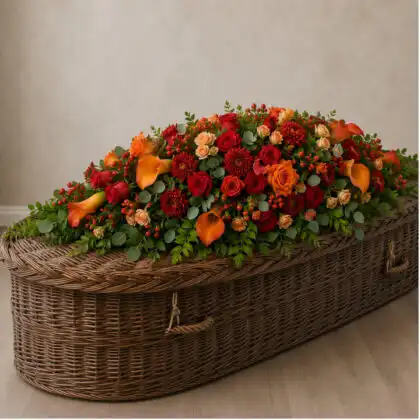 Red And Orange Mixed Casket Spray on coffin