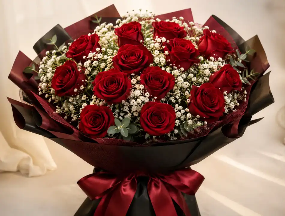 Midnight Velvet: 12 Premium Crimson Roses 1 12 rose bouquet_