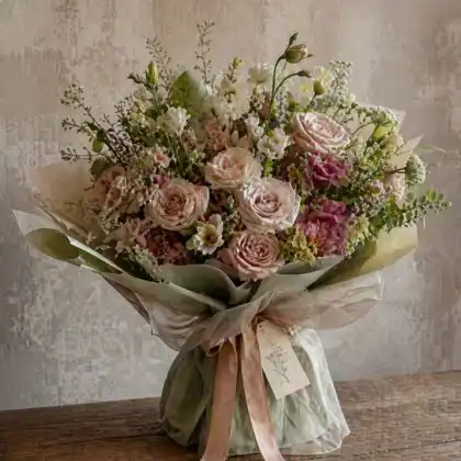 cream rose and pink lisianthus bouquet​