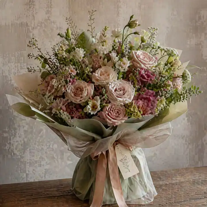 The Serenade Bouquet: Cream Roses & Blush Lisianthus 1 cream rose and pink lisianthus bouquet