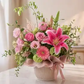 Lavender Bliss: Luxury Rose & Gerbera Bouquet in Ceramic Pot