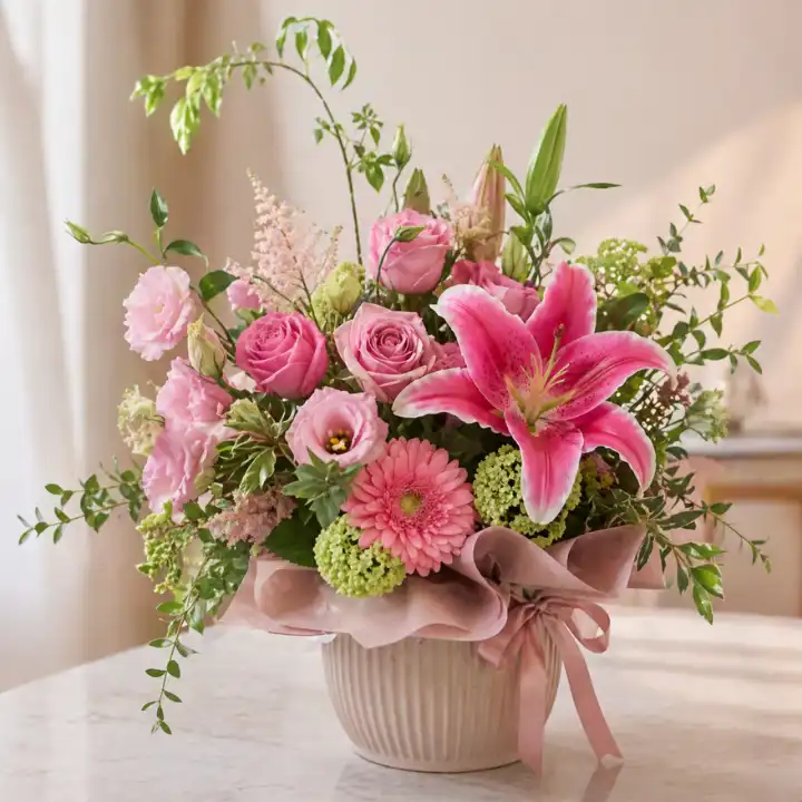 Lavender Bliss: Luxury Rose & Gerbera Bouquet in Ceramic Pot 1 gerbera daisy and rose bouquet_