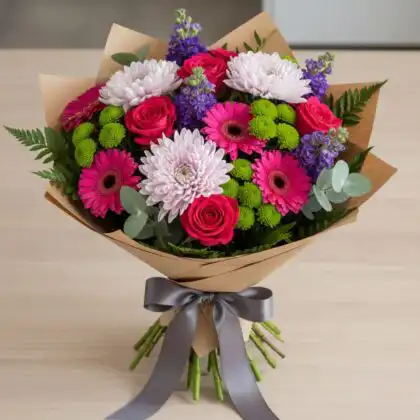 A vibrant gerbera daisy and roses bouquet in shades of pink arranged with fresh green leaves.