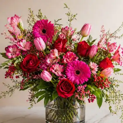 pink tulips and roses bouquet