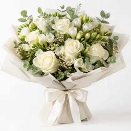 white roses and freesia bouquet_