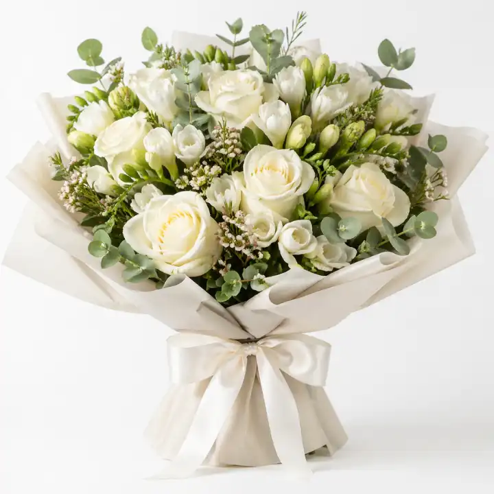 Classic White Roses & Freesia Bliss 1 white roses and freesia bouquet_