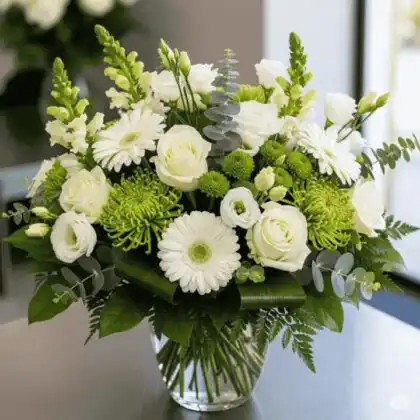Hand-tied gerbera and white rose bouquet featuring fresh stems, ideal for romantic gifts and elegant event decor.