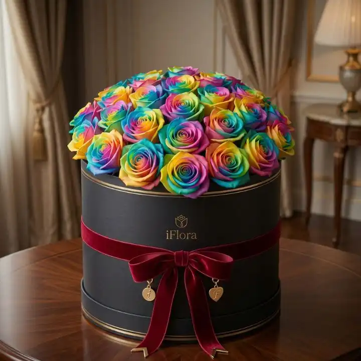 Luxury Rainbow Roses in Hat Box 1 A vibrant arrangement of rainbow roses in box featuring colorful petals in a sleek black luxury gift container.