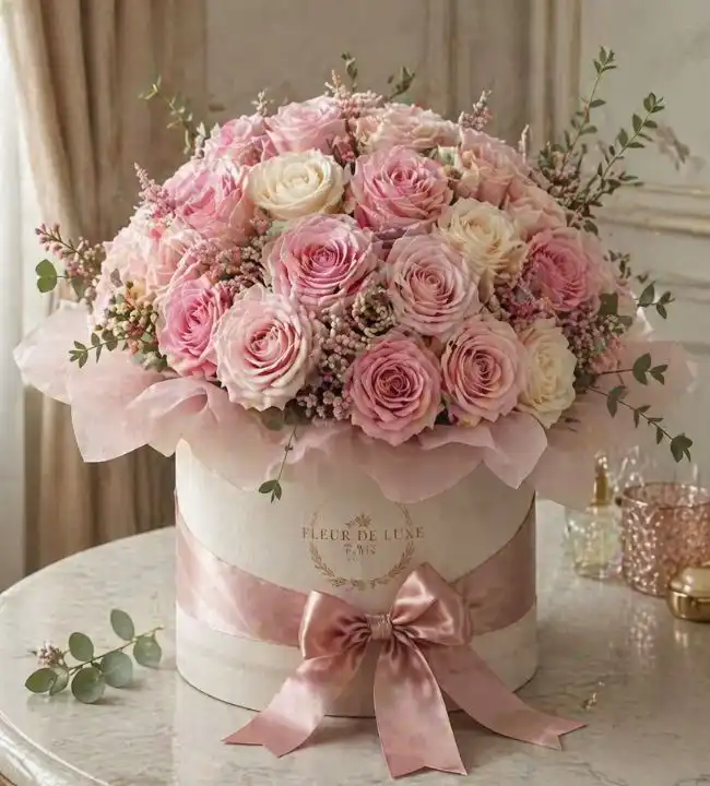 Luxury Pink Roses in Premium Hatbox 1 pink roses in box