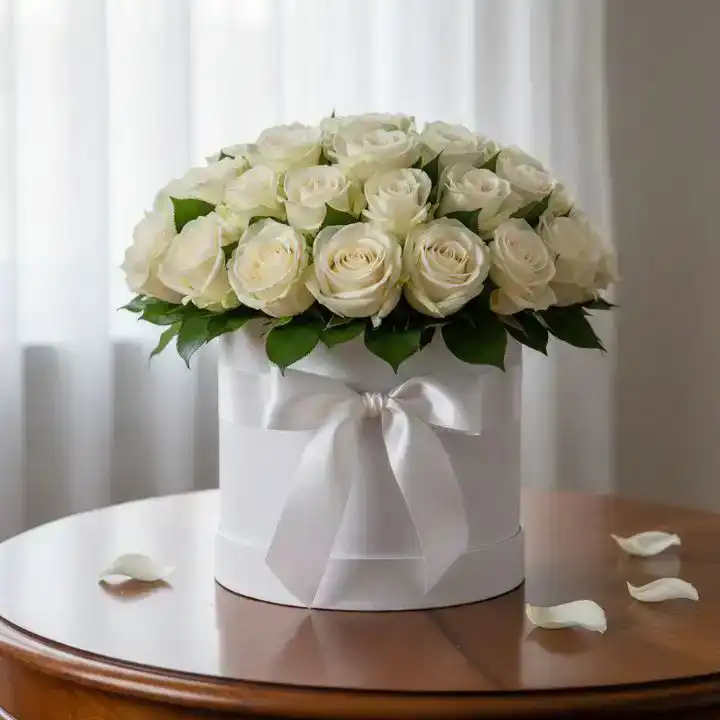 A luxurious arrangement of fresh white roses in a hat box placed on a clean background for elegant gifting.