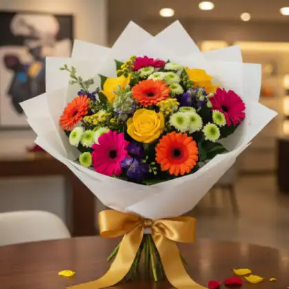 Vibrant yellow rose and gerbera bouquet delivery arrangement with pink accents and lush greenery in a glass vase.