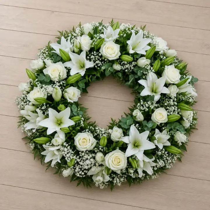 Exquisite white Lily and Rose Funeral Wreath 1 Exquisite white Lily and Rose Funeral Wreath