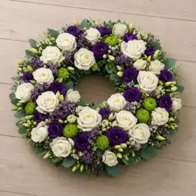 White Rose & Purple Lisianthus Funeral Wreath