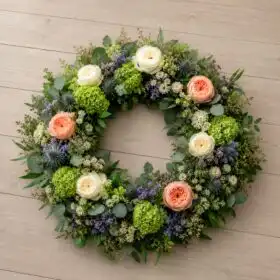 Peach & White Rose Funeral Wreath with Green Hydrangea