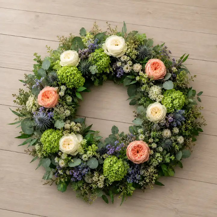 Peach & White Rose Funeral Wreath with Green Hydrangea 1 Peach & White Rose Funeral Wreath with Green Hydrangea and blue thistle
