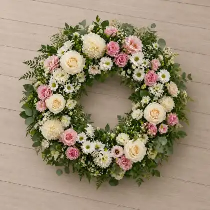 White and Pink Rose Funeral Wreath with White Chrysanthemum , White Daisy