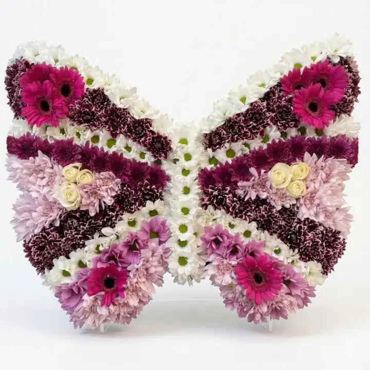 Elegant Butterfly Funeral Tribute 1 A serene butterfly funeral tribute crafted with fresh white flowers and delicate greenery for a peaceful memorial service.
