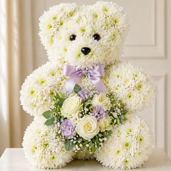 Teddy Bear Funeral Flowers Tribute | White Chrysanthemum Bear 1 Teddy Bear Funeral Flowers Tribute