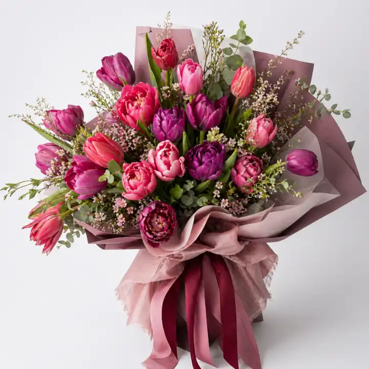 Hand-Tied Deep Pink and Purple Tulip Bouquet 1 Birthday Tulip Bouquet