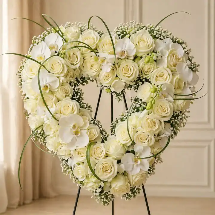 The Eternal Love Heart: A Premium Tribute in Cream and White 1 Open Heart Funeral Flowers