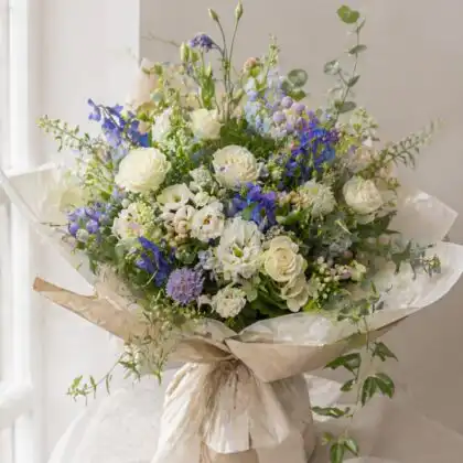 delphinium and rose bouquet_