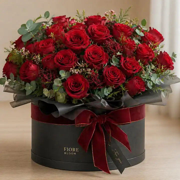 Midnight Velvet Red Rose Hatbox 1 red rose arrangements