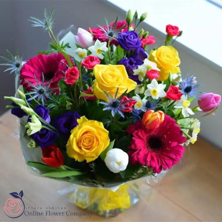 Vibrant Sunshine Rose & Pink Gerbera Hand-Tied Bouquet 2 Colorful Flower Bouquet