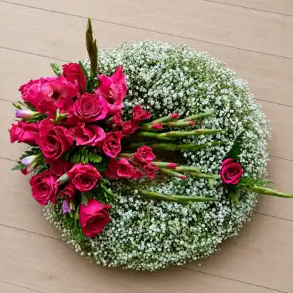 Hot Pink Rose Gladiolus Wreath with Babys Breath