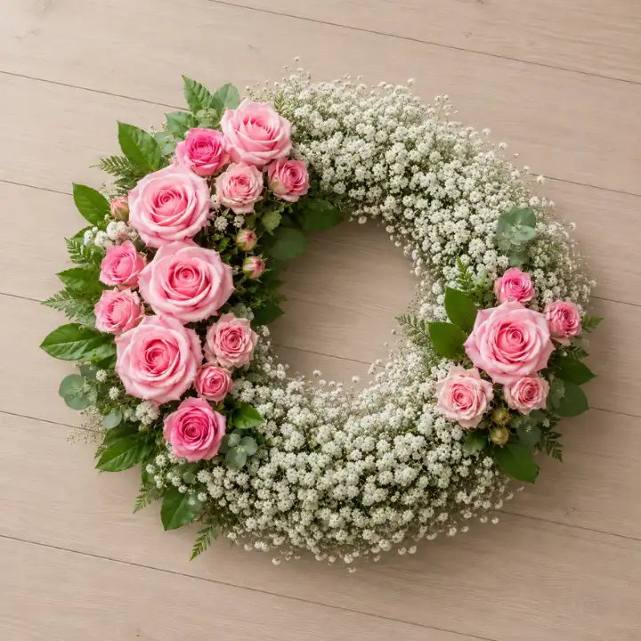 Elegant Pink Rose & White Baby's Breath Funeral Wreath 1 Pink Rose and White Baby Breath Funeral Wreath