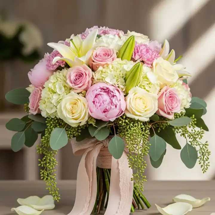 Classic Mixed Peony and Rose Bouquet 1 A lush peony rose bouquet featuring soft pink blooms, white lilies, and silver dollar eucalyptus tied with a silk ribbon.