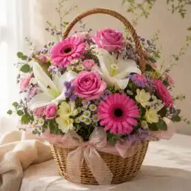 Gerbera Lilies Roses Basket Arrangement
