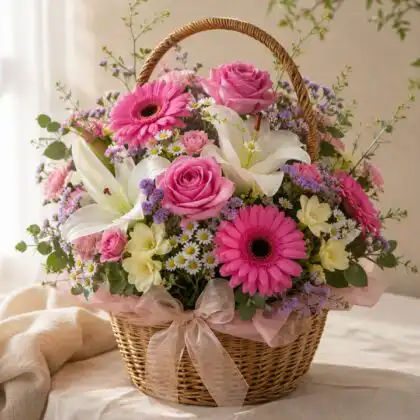 Gerbera Lilies Roses Basket