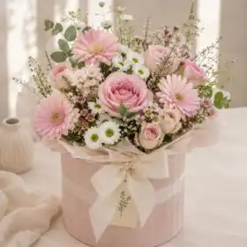 Gerbera and Rose Flowers in Hat Box