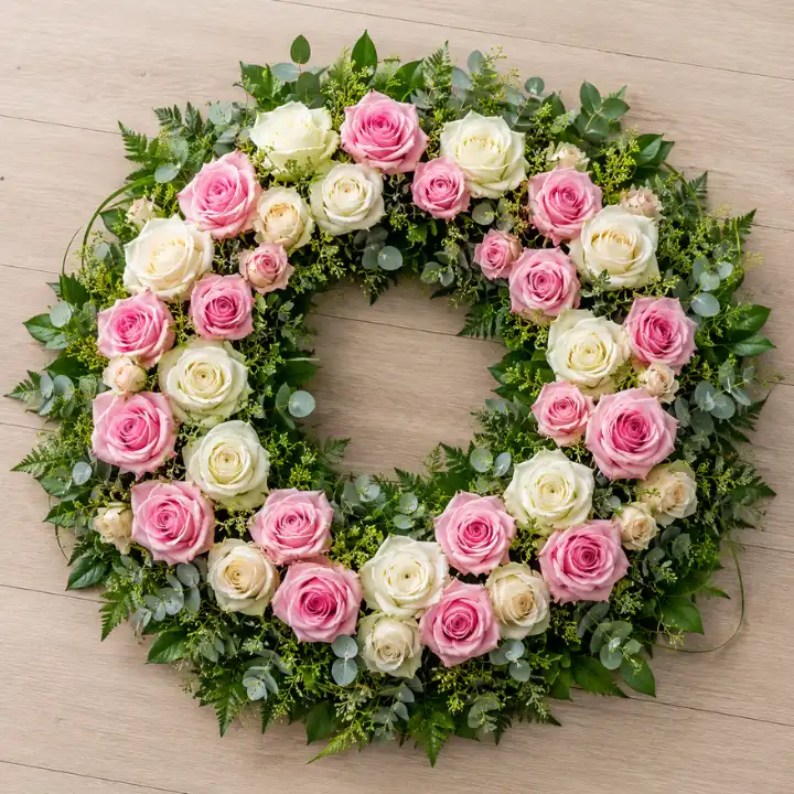 Graceful Pink and White Rose Tribute Wreath 1 Graceful Pink and White Rose Tribute Wreath with greenery