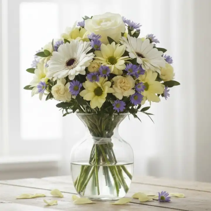 Baby Bliss Daisy Rose Delight 1 A vibrant pink roses and daisies bouquet arranged with fresh greenery in a decorative wrap.