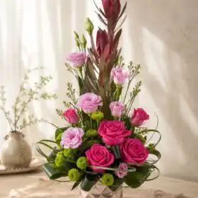 Modern Purple Calla Lily & Rose Bouquet in Rose-Gold Vase