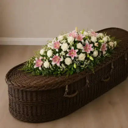 Graceful White Rose and Pink Lily Coffin Spray on coffin
