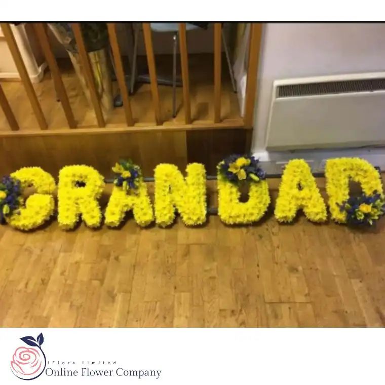 Grandad Tribute - Royal Yellow & Blue Floral Letters 1 Grandad Funeral Flowers on a Stand