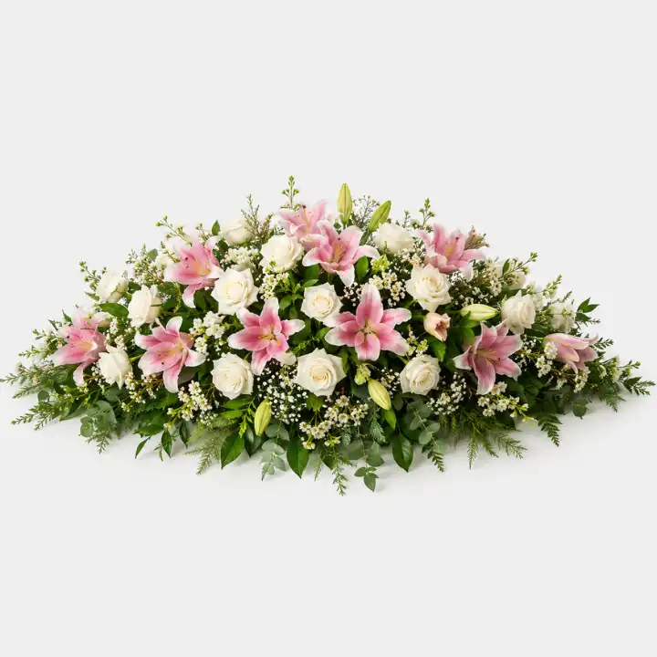 Graceful White Rose and Pink Lily Coffin Spray 2 Graceful White Rose and Pink Lily Coffin Spray 21. Elegant Pink Mixed Coffin Spray