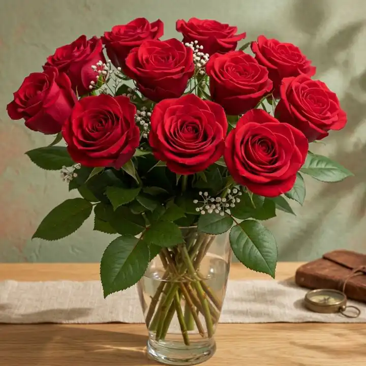 A luxury 10 roses bouquet featuring deep red petals and elegant greenery arranged in a modern wrap.