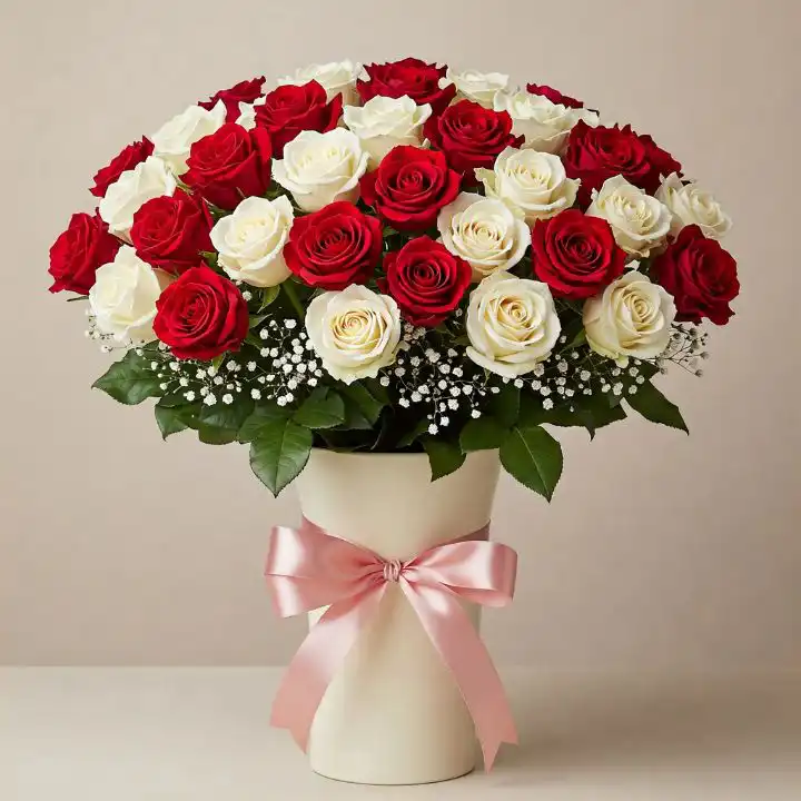 Classic Red and White Rose Bouquet 1 A hand-tied bouquet featuring beautiful red and white roses arranged with fresh green foliage.