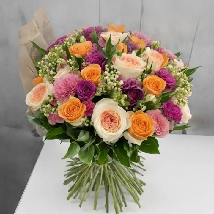 English Garden Rose Bouquet – Sunset Palette 1 Vibrant english garden rose bouquet featuring sunset orange, deep purple, and peach blossoms with lush greenery.