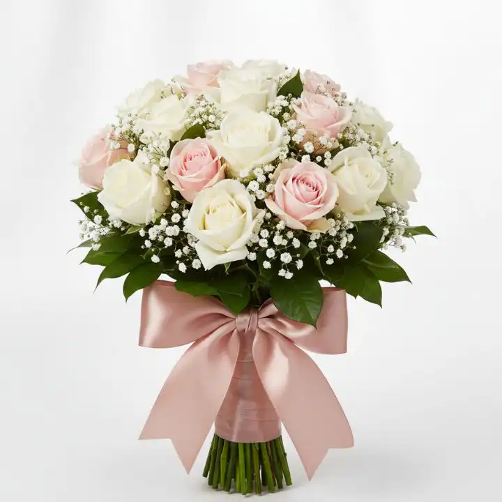 Fresh White and Light Pink Rose Bouquet 1 A handcrafted White and Light Pink Rose Bouquet featuring dense rose blooms accented with baby's breath and green leaves.